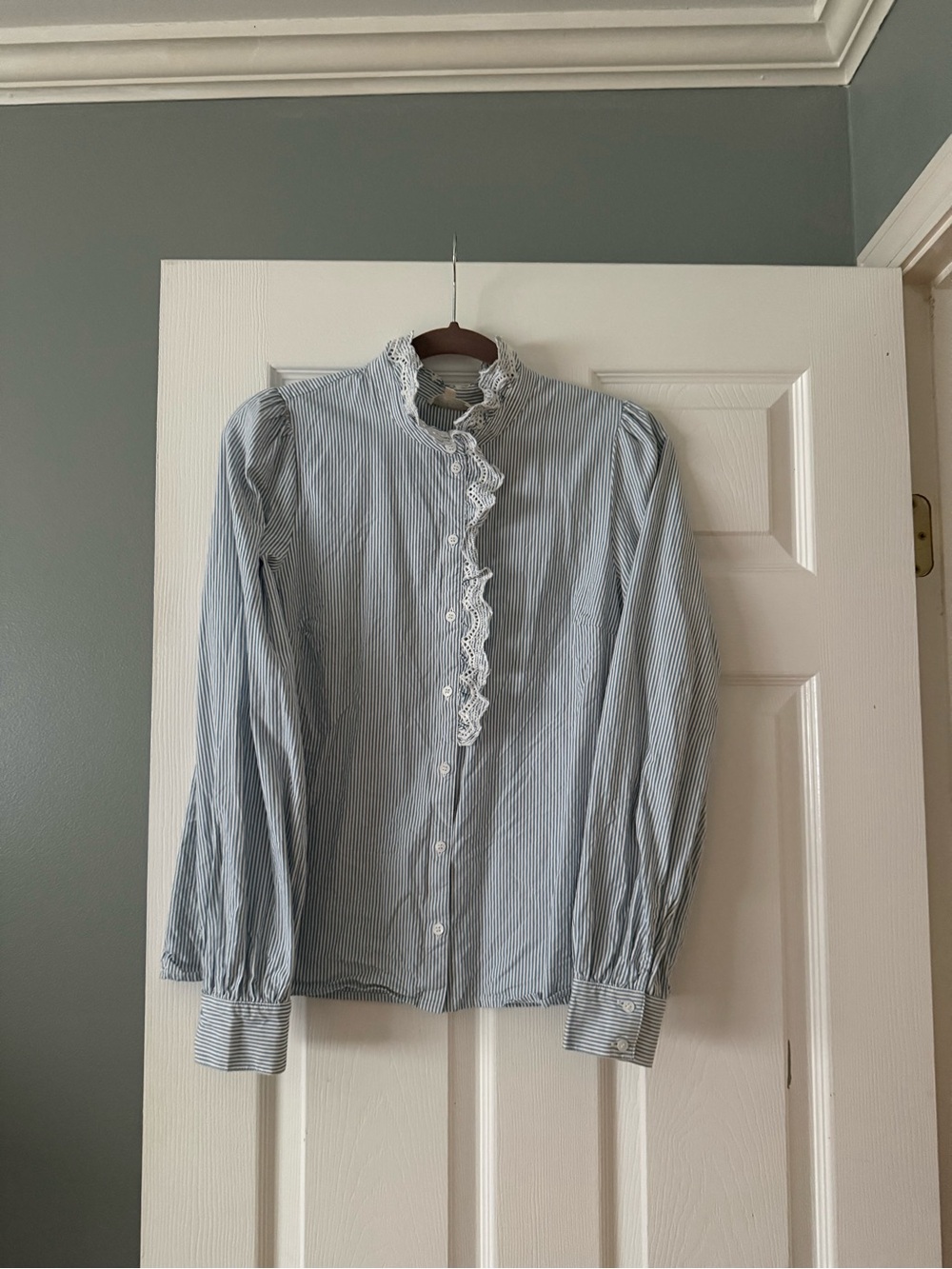Sezane Blue Pinstripe Lace-Trim Button-Down Shirt